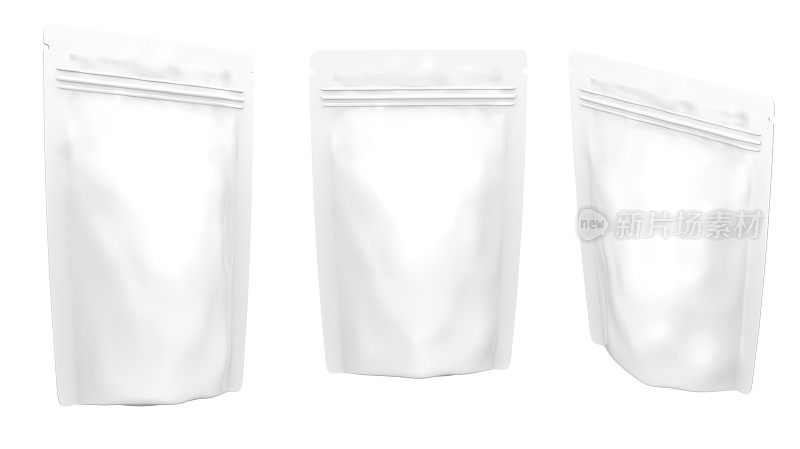 空白铝箔塑料白色咖啡袋孤立在白色背景。包装模板模型收集。3 d渲染。为您的设计做好准备。三维渲染